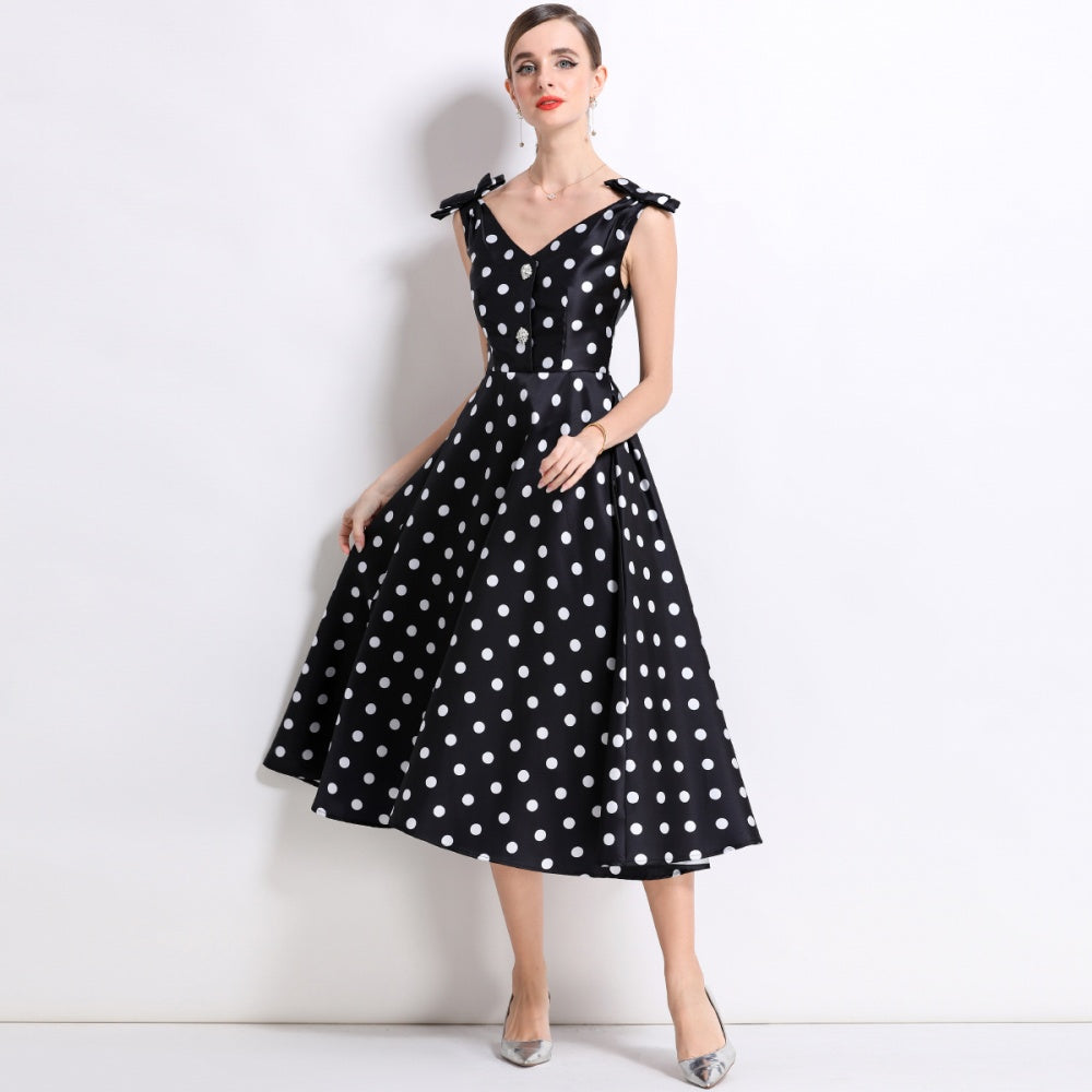 CM-DY055997 Women Elegant European Style V-Neck Sleeveless Bow Rhinestone Decor Mid-Length A-Line Dress - Black