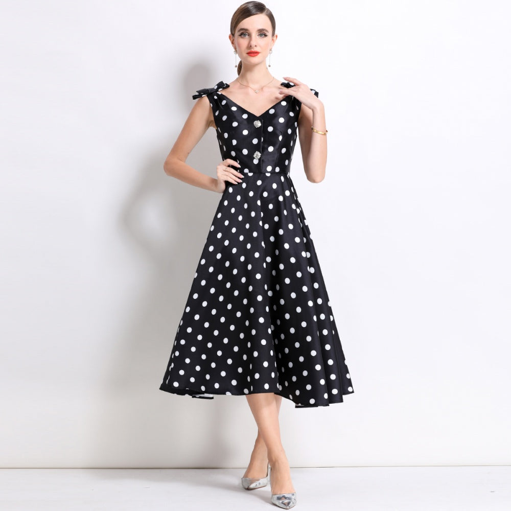 CM-DY055997 Women Elegant European Style V-Neck Sleeveless Bow Rhinestone Decor Mid-Length A-Line Dress - Black