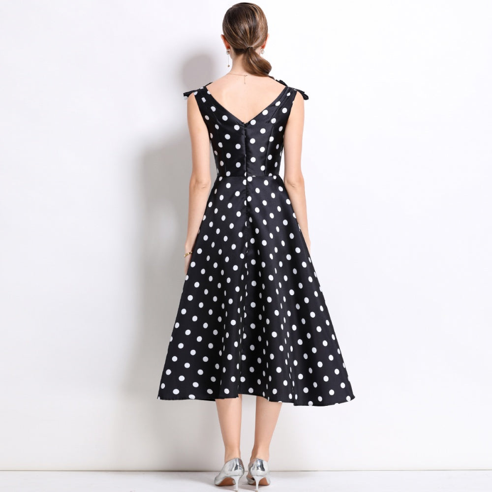 CM-DY055997 Women Elegant European Style V-Neck Sleeveless Bow Rhinestone Decor Mid-Length A-Line Dress - Black