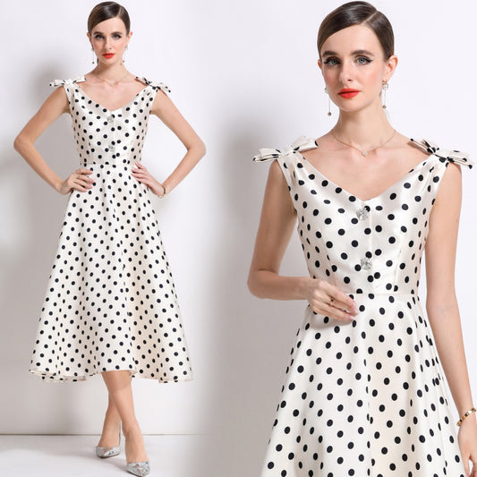 CM-DY055998 Women Elegant European Style V-Neck Sleeveless Bow Rhinestone Decor Mid-Length A-Line Dress - Apricot