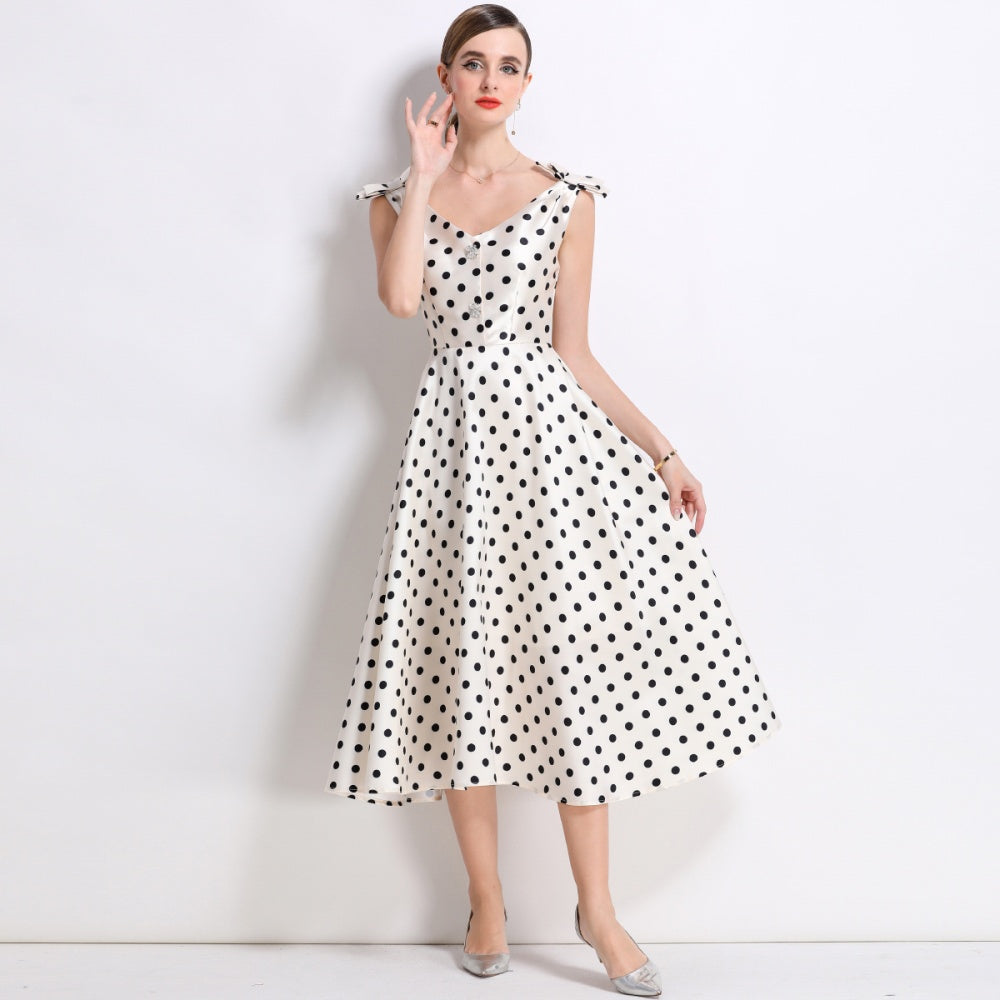 CM-DY055998 Women Elegant European Style V-Neck Sleeveless Bow Rhinestone Decor Mid-Length A-Line Dress - Apricot