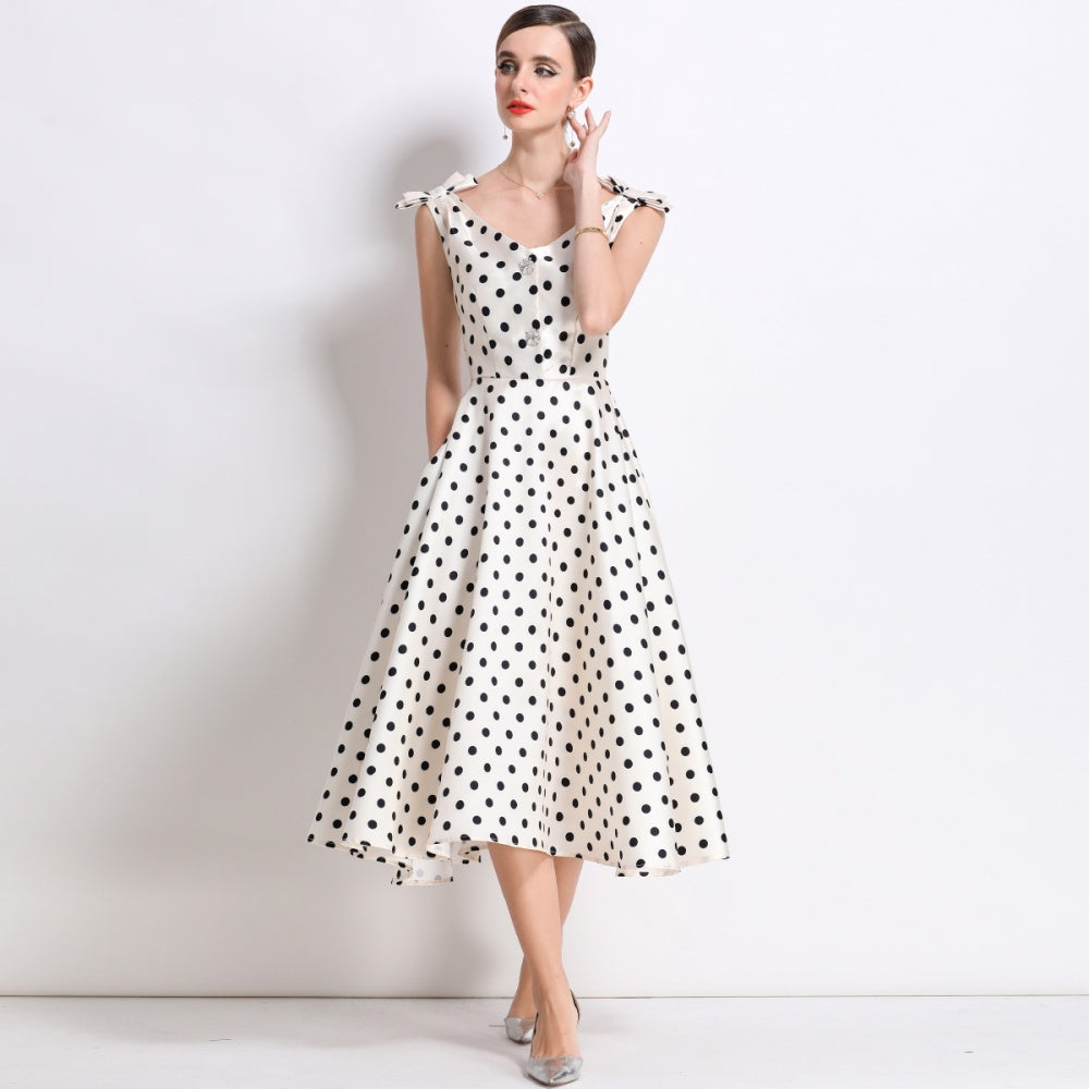 CM-DY055998 Women Elegant European Style V-Neck Sleeveless Bow Rhinestone Decor Mid-Length A-Line Dress - Apricot