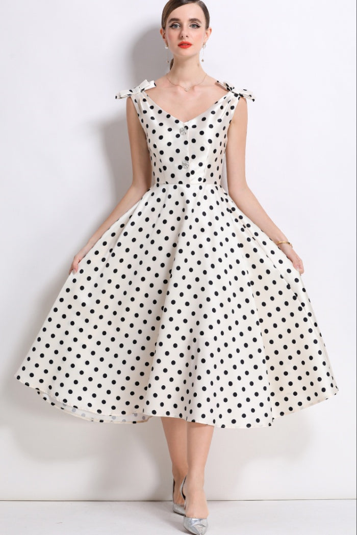 CM-DY055998 Women Elegant European Style V-Neck Sleeveless Bow Rhinestone Decor Mid-Length A-Line Dress - Apricot