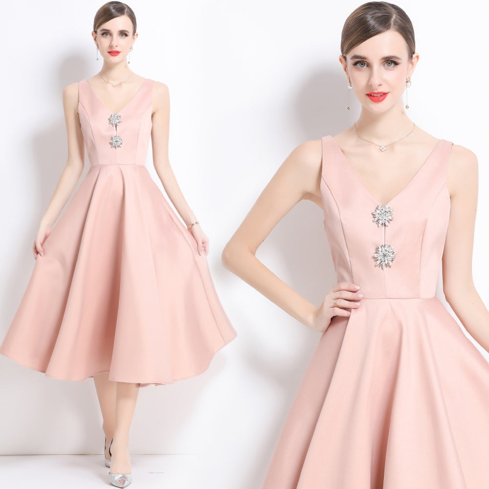 CM-DY055999 Women Elegant European Style V-Neck Sleeveless Pinched Waist Slim Midi Dress - Pink