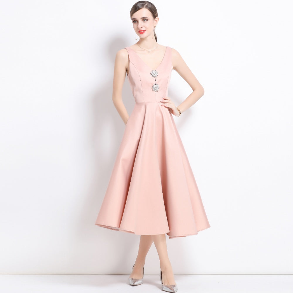 CM-DY055999 Women Elegant European Style V-Neck Sleeveless Pinched Waist Slim Midi Dress - Pink