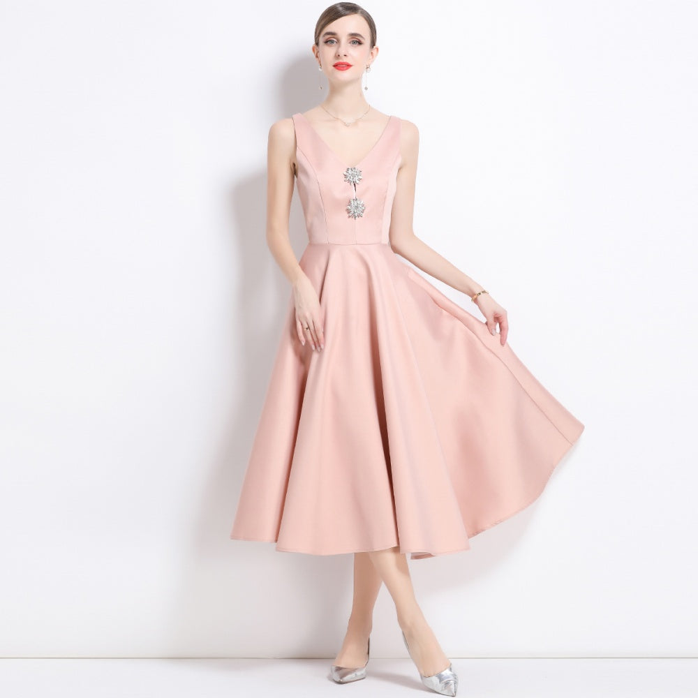 CM-DY055999 Women Elegant European Style V-Neck Sleeveless Pinched Waist Slim Midi Dress - Pink