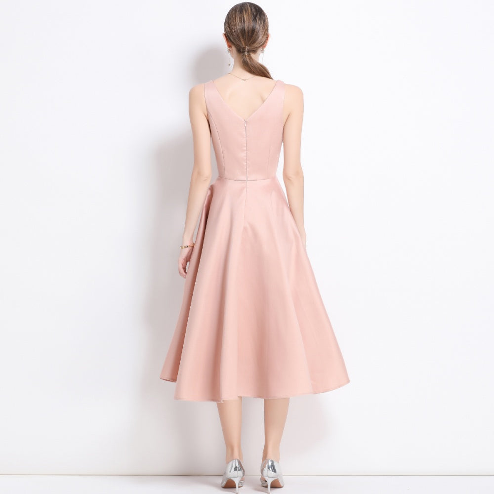 CM-DY055999 Women Elegant European Style V-Neck Sleeveless Pinched Waist Slim Midi Dress - Pink