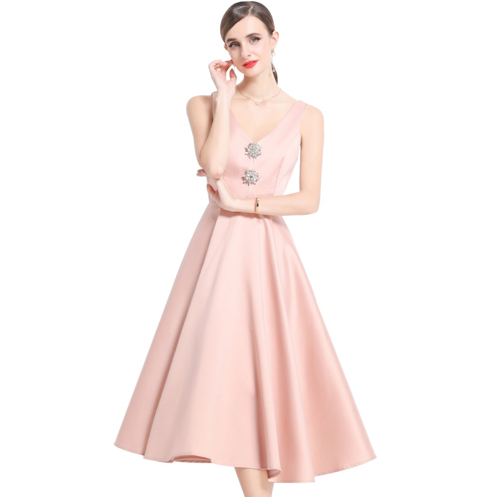 CM-DY055999 Women Elegant European Style V-Neck Sleeveless Pinched Waist Slim Midi Dress - Pink