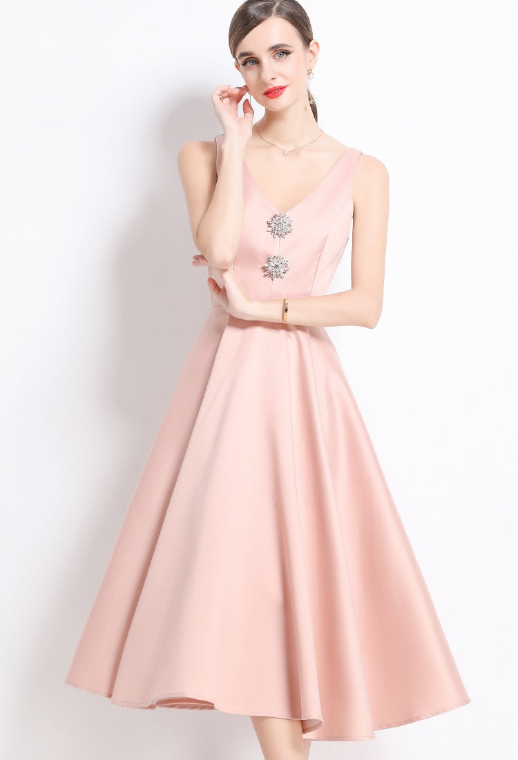 CM-DY055999 Women Elegant European Style V-Neck Sleeveless Pinched Waist Slim Midi Dress - Pink