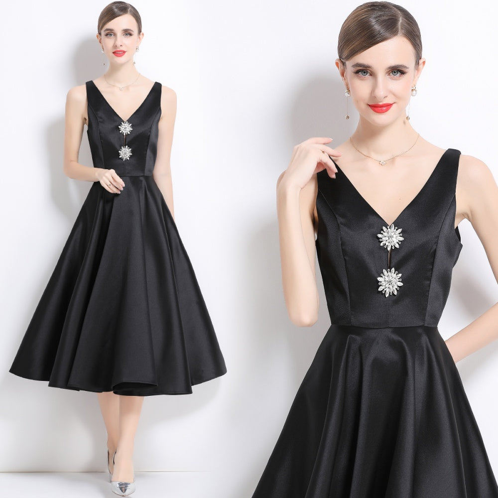 CM-DY056000 Women Elegant European Style V-Neck Sleeveless Pinched Waist Slim Midi Dress - Black