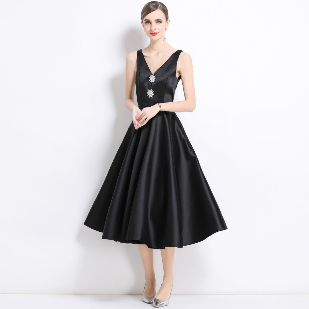 CM-DY056000 Women Elegant European Style V-Neck Sleeveless Pinched Waist Slim Midi Dress - Black