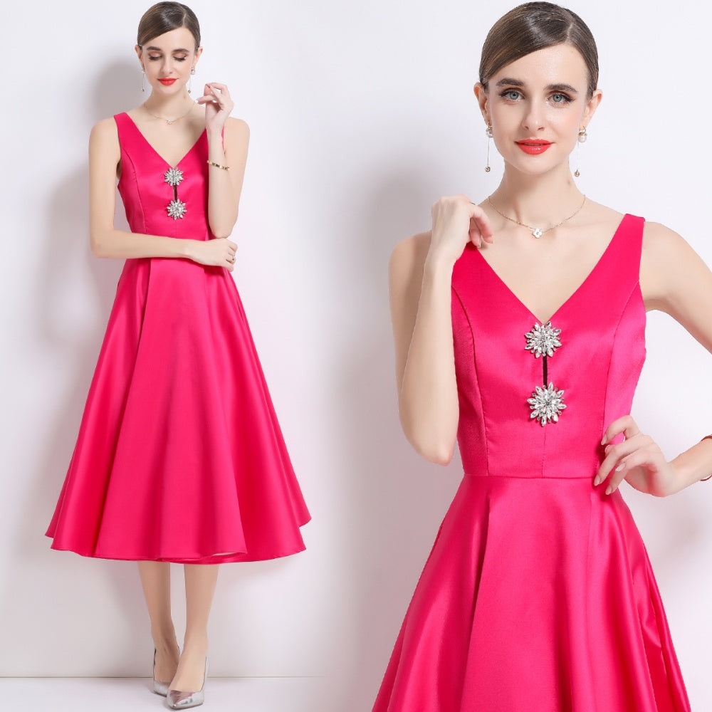 CM-DY056001 Women Elegant European Style V-Neck Sleeveless Pinched Waist Slim Midi Dress - Rose Red
