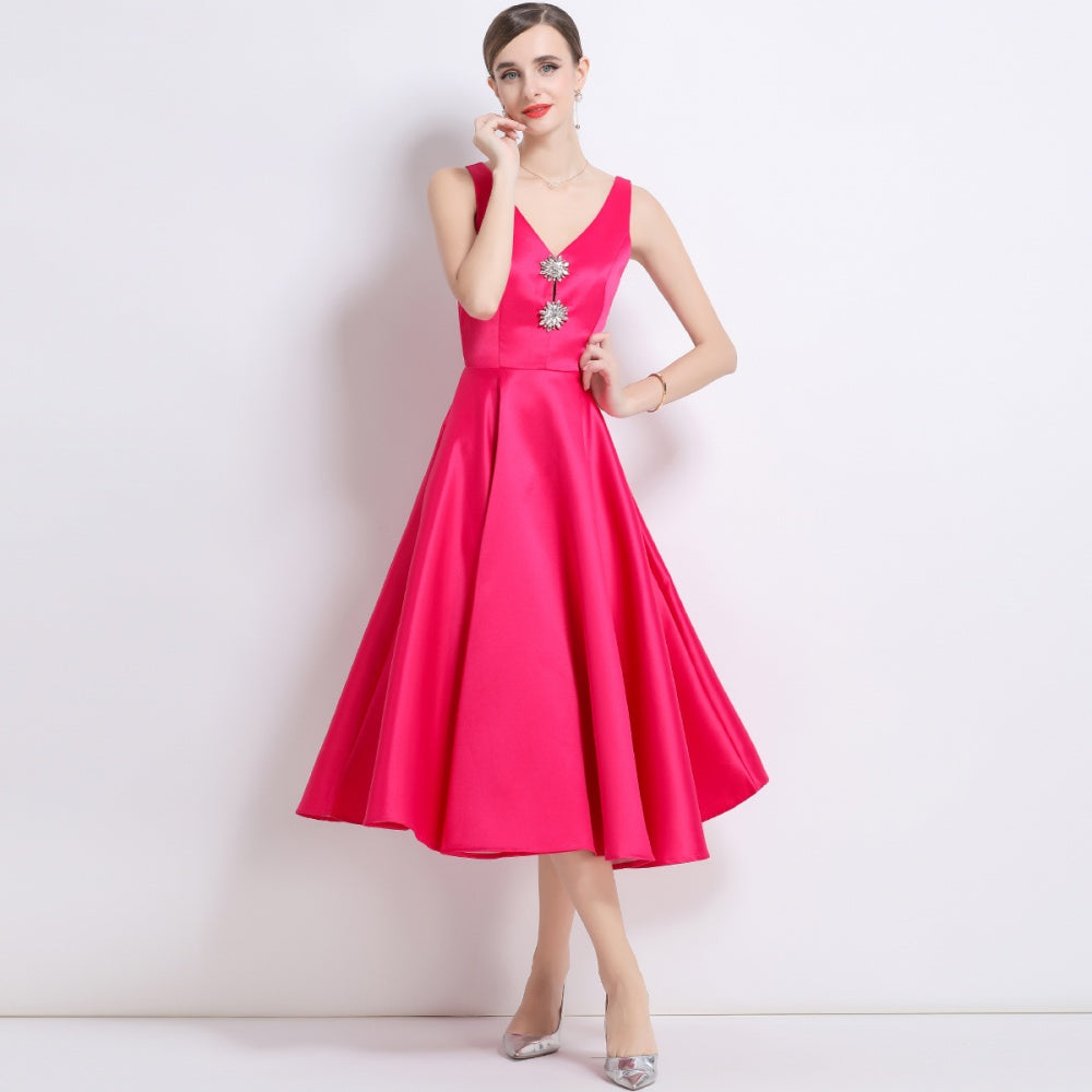 CM-DY056001 Women Elegant European Style V-Neck Sleeveless Pinched Waist Slim Midi Dress - Rose Red