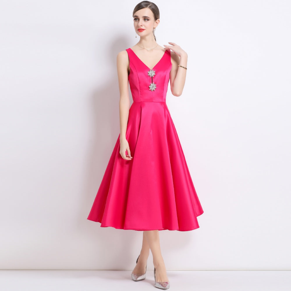 CM-DY056001 Women Elegant European Style V-Neck Sleeveless Pinched Waist Slim Midi Dress - Rose Red
