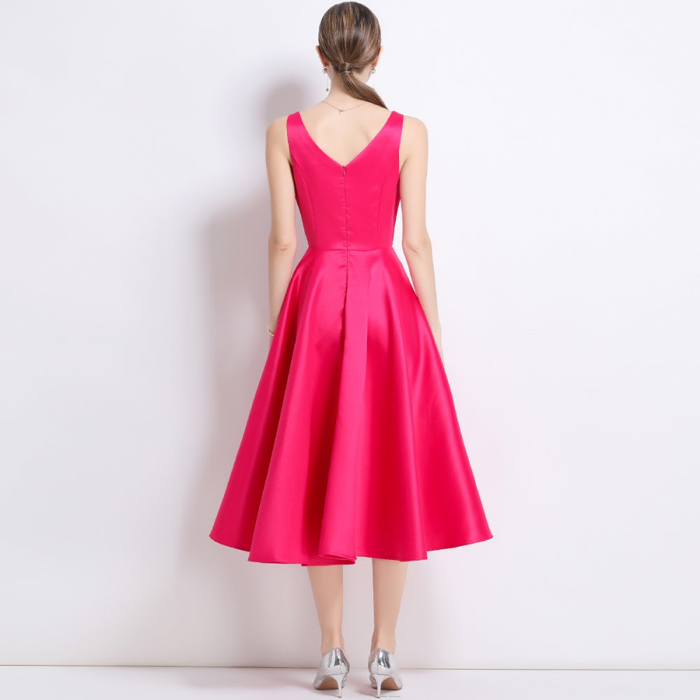 CM-DY056001 Women Elegant European Style V-Neck Sleeveless Pinched Waist Slim Midi Dress - Rose Red