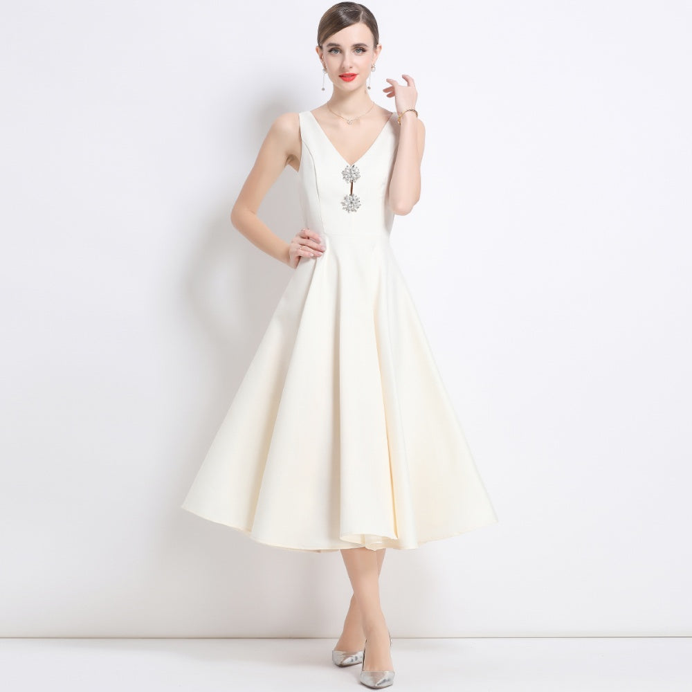 CM-DY056002 Women Elegant European Style V-Neck Sleeveless Pinched Waist Slim Midi Dress - Apricot