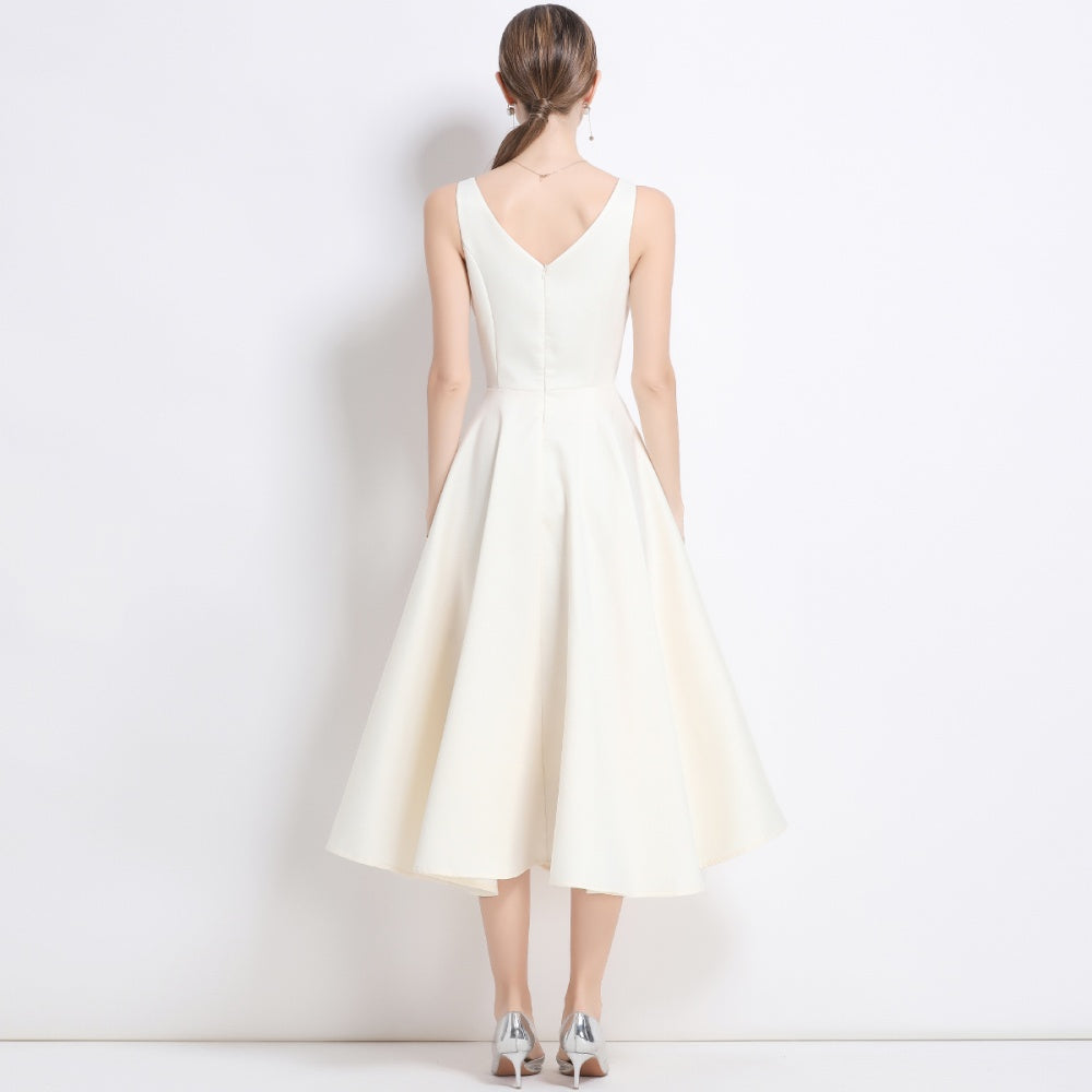 CM-DY056002 Women Elegant European Style V-Neck Sleeveless Pinched Waist Slim Midi Dress - Apricot