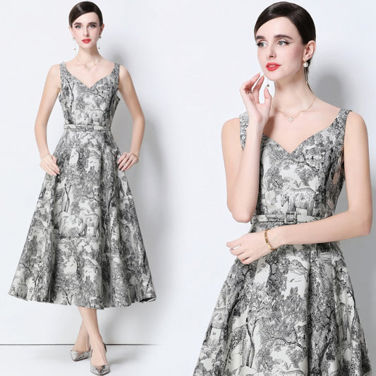 CM-DY056633 Women Elegant European Style V-Neck Sleeveless Belted Slim Pinched Waist Midi Dress