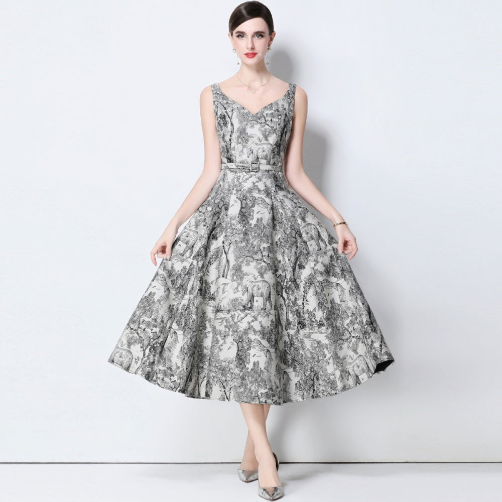 CM-DY056633 Women Elegant European Style V-Neck Sleeveless Belted Slim Pinched Waist Midi Dress