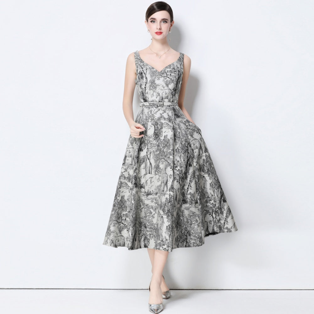 CM-DY056633 Women Elegant European Style V-Neck Sleeveless Belted Slim Pinched Waist Midi Dress