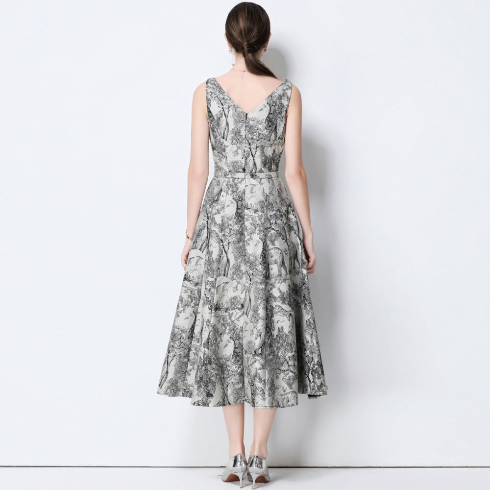 CM-DY056633 Women Elegant European Style V-Neck Sleeveless Belted Slim Pinched Waist Midi Dress