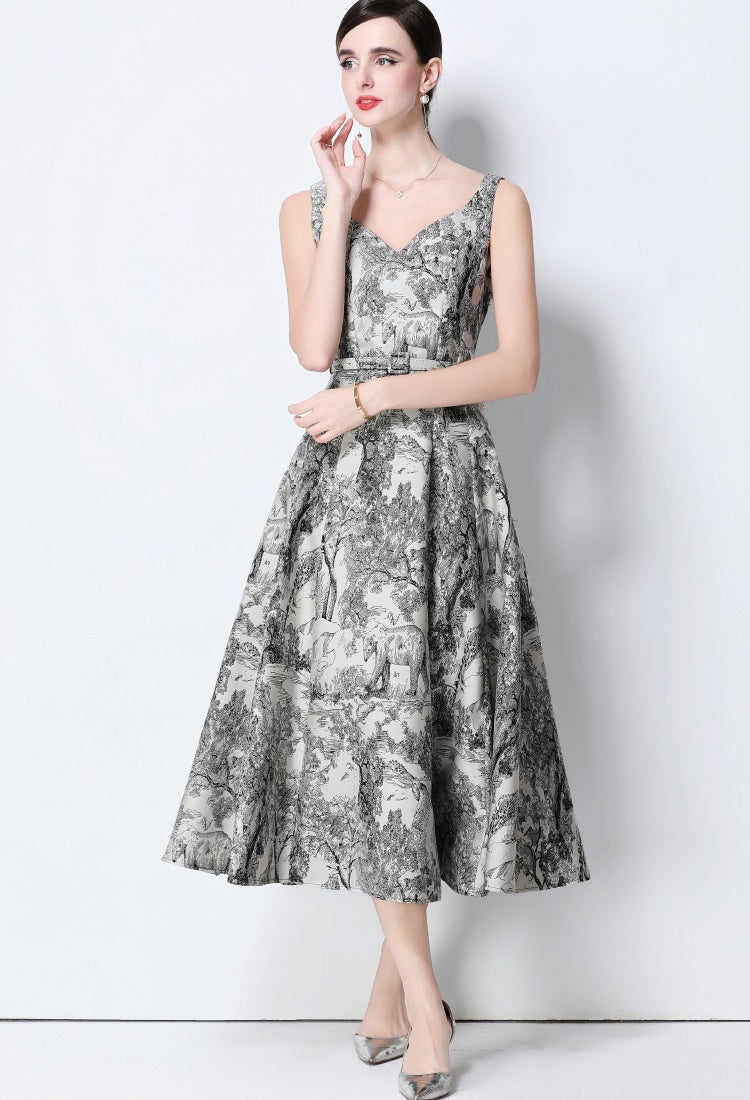 CM-DY056633 Women Elegant European Style V-Neck Sleeveless Belted Slim Pinched Waist Midi Dress