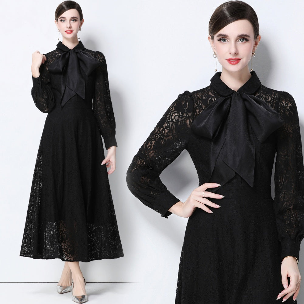 CM-DY056634 Women Elegant European Style Collar Tie Neckline Long Sleeve High Waist Midi Dress - Black
