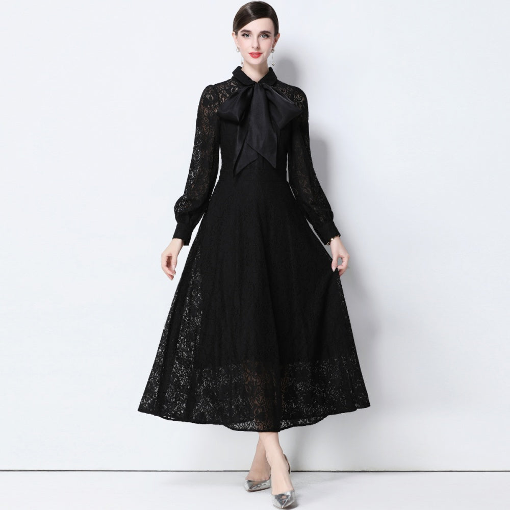 CM-DY056634 Women Elegant European Style Collar Tie Neckline Long Sleeve High Waist Midi Dress - Black