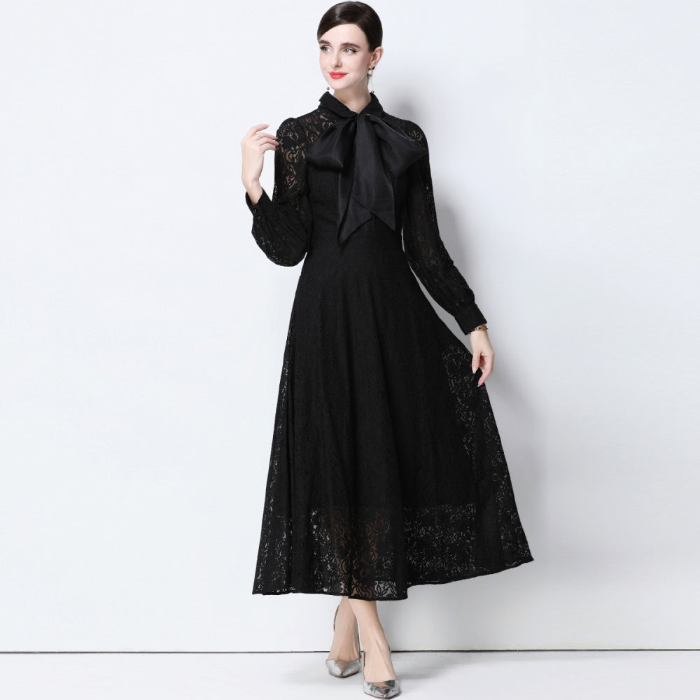 CM-DY056634 Women Elegant European Style Collar Tie Neckline Long Sleeve High Waist Midi Dress - Black