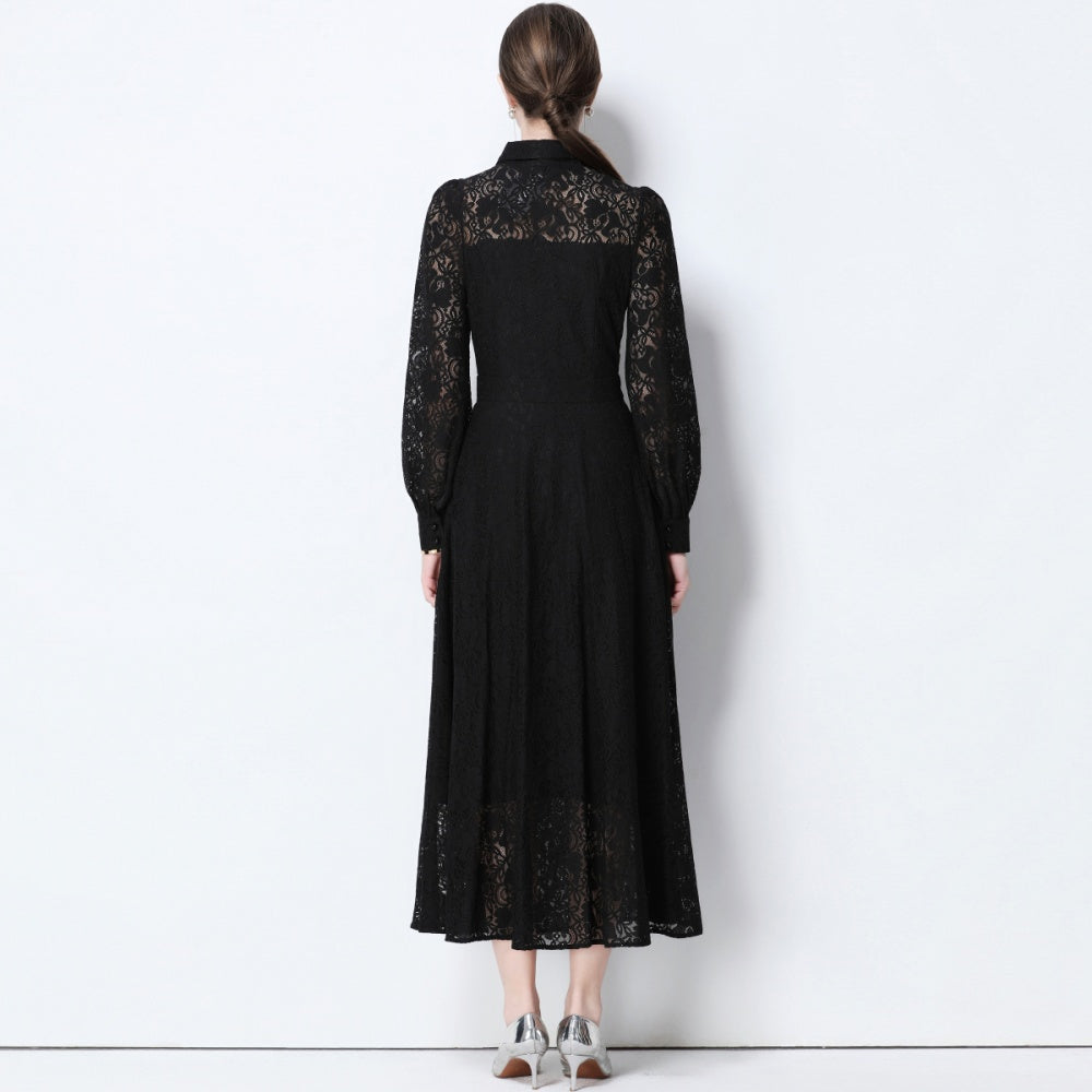 CM-DY056634 Women Elegant European Style Collar Tie Neckline Long Sleeve High Waist Midi Dress - Black