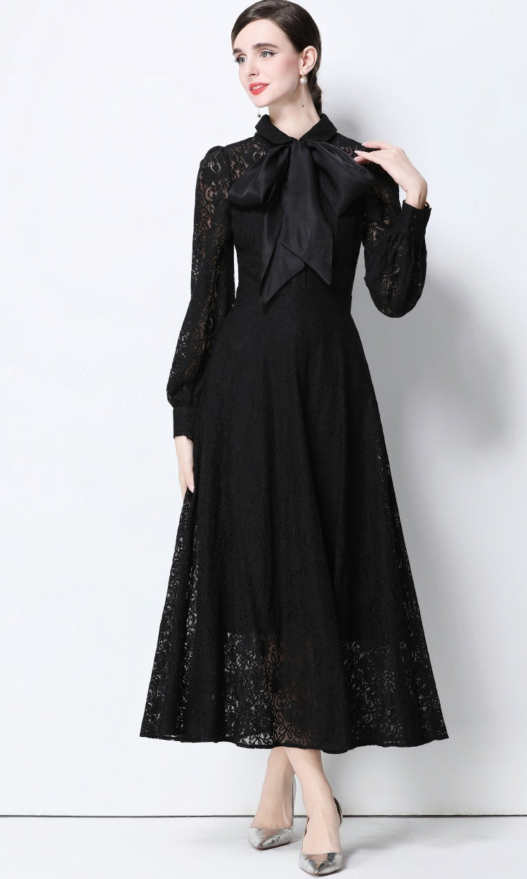 CM-DY056634 Women Elegant European Style Collar Tie Neckline Long Sleeve High Waist Midi Dress - Black