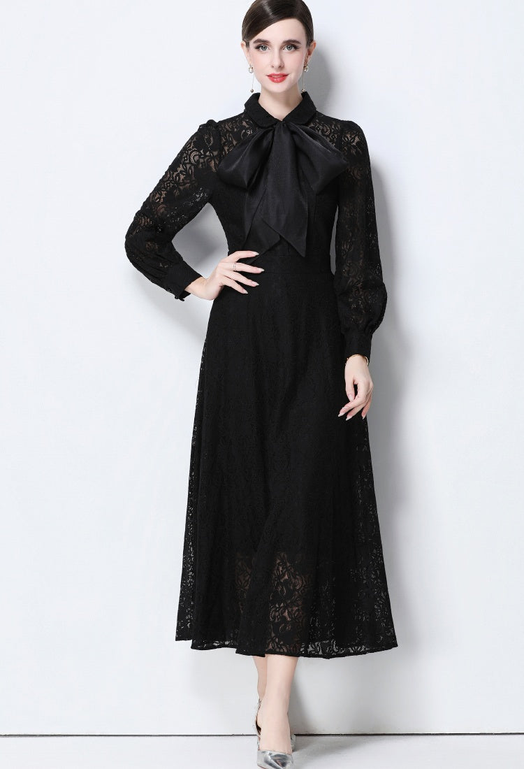 CM-DY056634 Women Elegant European Style Collar Tie Neckline Long Sleeve High Waist Midi Dress - Black