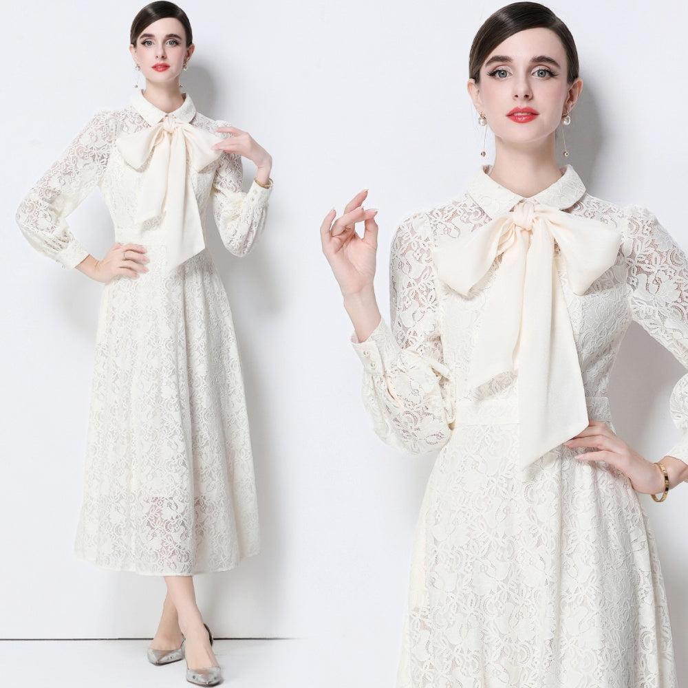 CM-DY056635 Women Elegant European Style Collar Tie Neckline Long Sleeve High Waist Midi Dress - Apricot