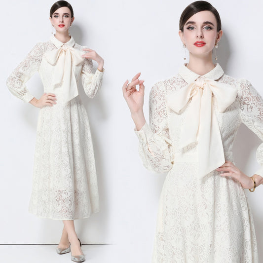 CM-DY056635 Women Elegant European Style Collar Tie Neckline Long Sleeve High Waist Midi Dress - Apricot