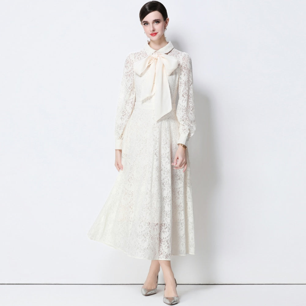 CM-DY056635 Women Elegant European Style Collar Tie Neckline Long Sleeve High Waist Midi Dress - Apricot