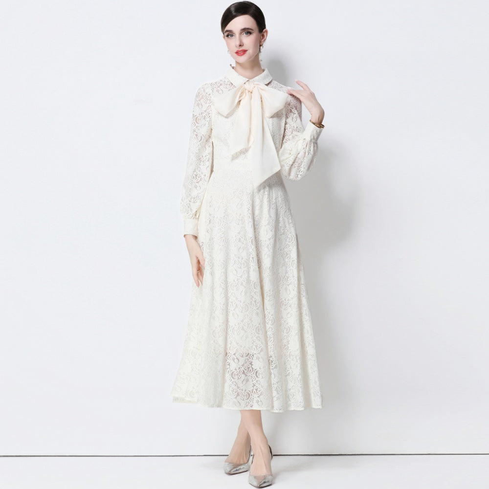 CM-DY056635 Women Elegant European Style Collar Tie Neckline Long Sleeve High Waist Midi Dress - Apricot