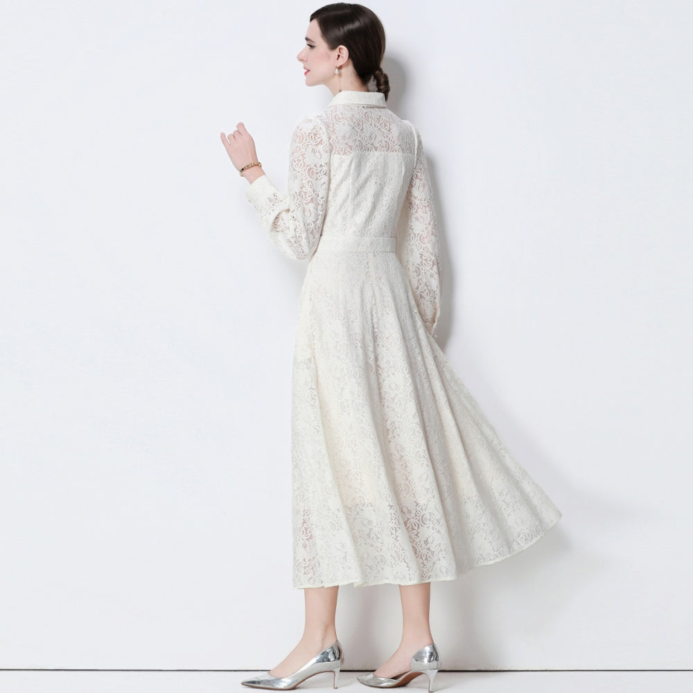 CM-DY056635 Women Elegant European Style Collar Tie Neckline Long Sleeve High Waist Midi Dress - Apricot