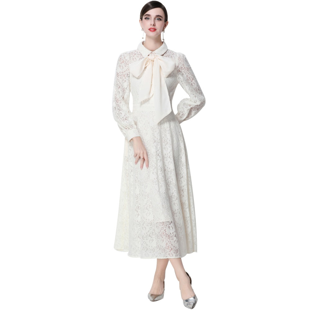 CM-DY056635 Women Elegant European Style Collar Tie Neckline Long Sleeve High Waist Midi Dress - Apricot