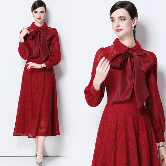 CM-DY056636 Women Elegant European Style Collar Tie Neckline Long Sleeve High Waist Midi Dress - Dark Red