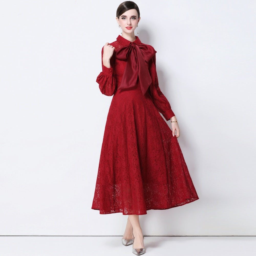 CM-DY056636 Women Elegant European Style Collar Tie Neckline Long Sleeve High Waist Midi Dress - Dark Red