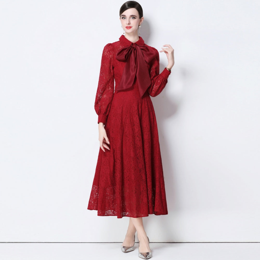 CM-DY056636 Women Elegant European Style Collar Tie Neckline Long Sleeve High Waist Midi Dress - Dark Red