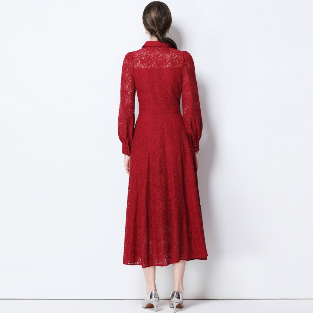 CM-DY056636 Women Elegant European Style Collar Tie Neckline Long Sleeve High Waist Midi Dress - Dark Red