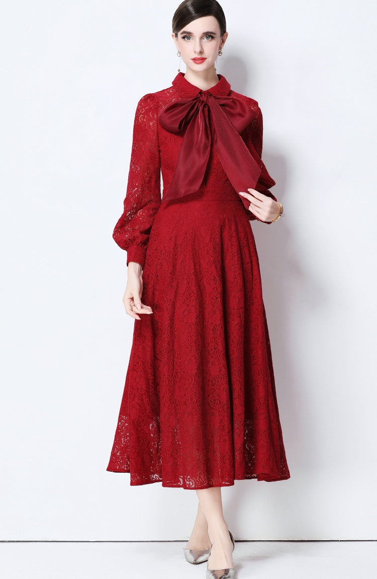 CM-DY056636 Women Elegant European Style Collar Tie Neckline Long Sleeve High Waist Midi Dress - Dark Red