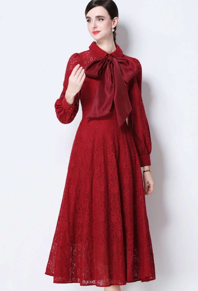 CM-DY056636 Women Elegant European Style Collar Tie Neckline Long Sleeve High Waist Midi Dress - Dark Red