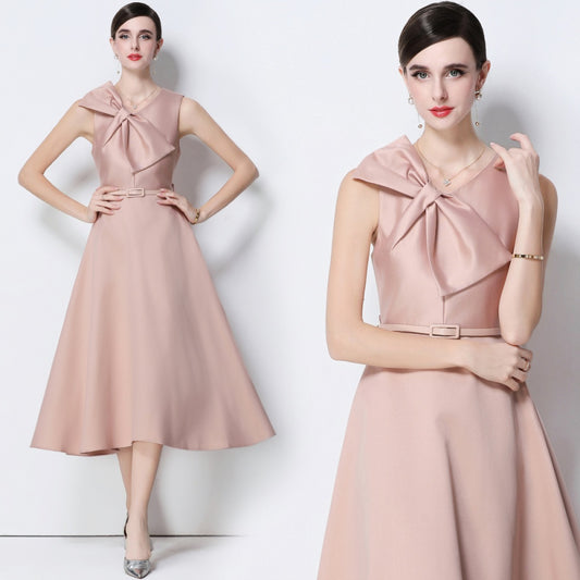 CM-DY056637 Women Elegant European Style V-Neck Sleeveless Belted Pinched Waist Midi Dress - Pink