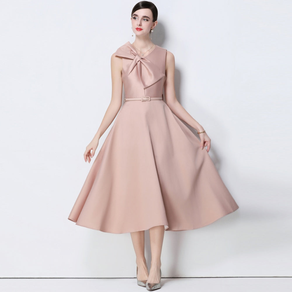 CM-DY056637 Women Elegant European Style V-Neck Sleeveless Belted Pinched Waist Midi Dress - Pink