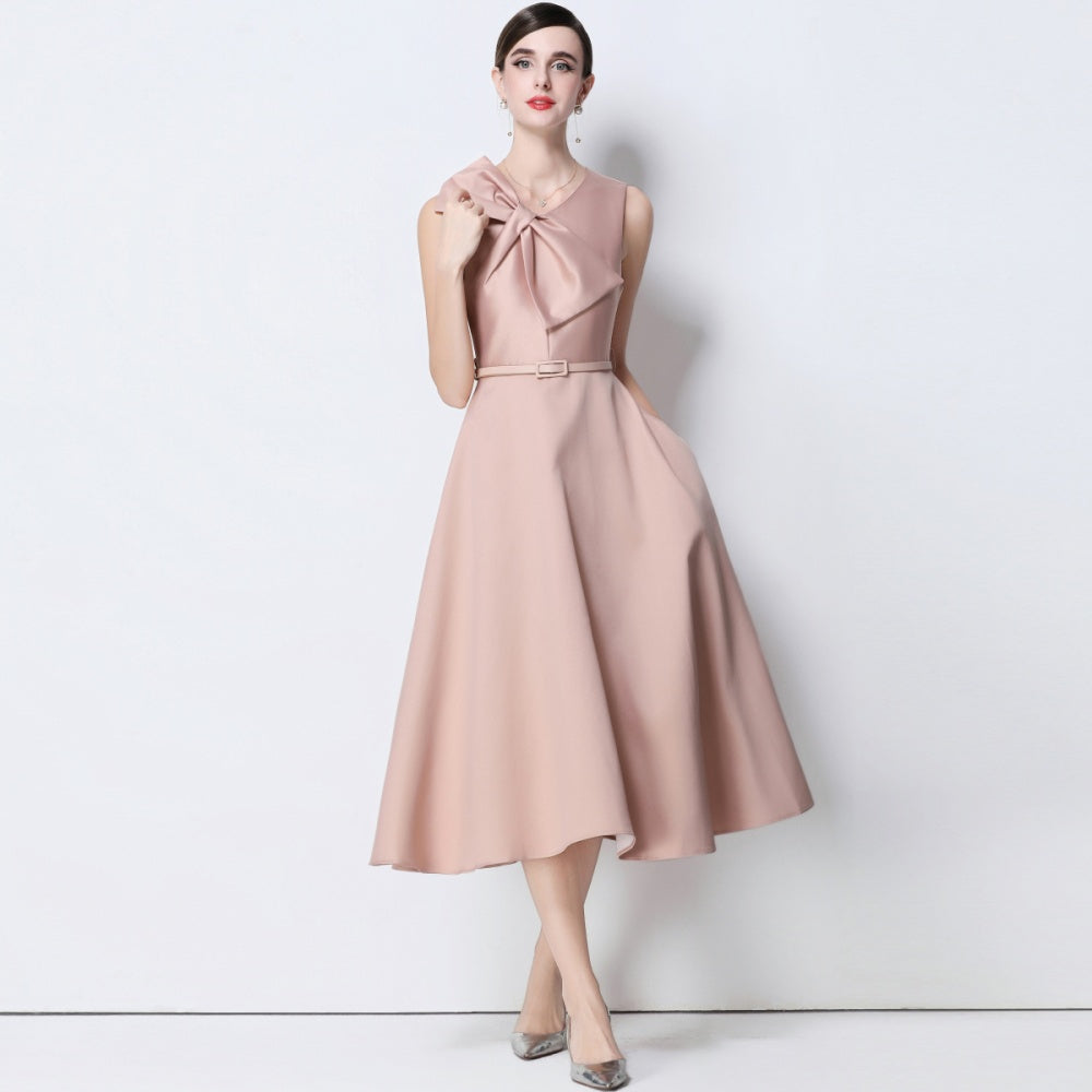 CM-DY056637 Women Elegant European Style V-Neck Sleeveless Belted Pinched Waist Midi Dress - Pink