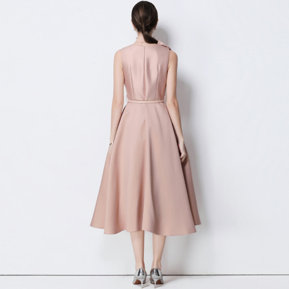 CM-DY056637 Women Elegant European Style V-Neck Sleeveless Belted Pinched Waist Midi Dress - Pink