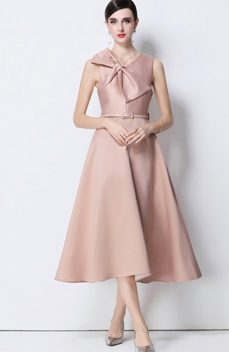 CM-DY056637 Women Elegant European Style V-Neck Sleeveless Belted Pinched Waist Midi Dress - Pink
