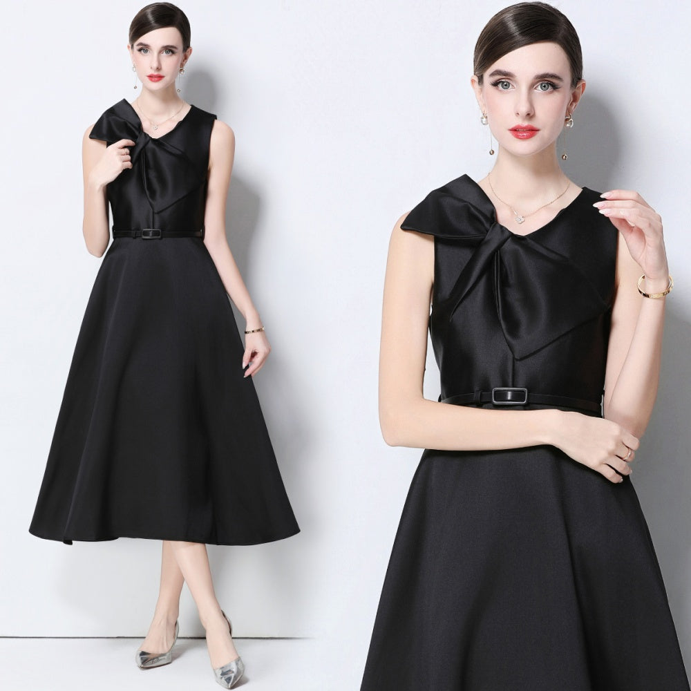 CM-DY056638 Women Elegant European Style V-Neck Sleeveless Belted Pinched Waist Midi Dress - Black